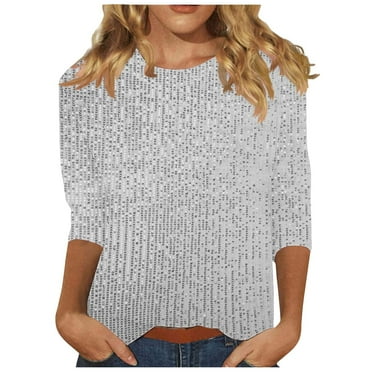 ZyeKqe Sequin Tops for Women 3/4 Length Sleeve Tops Round Neck Dressy Casual Blouses Sparkly Glitter Party Top