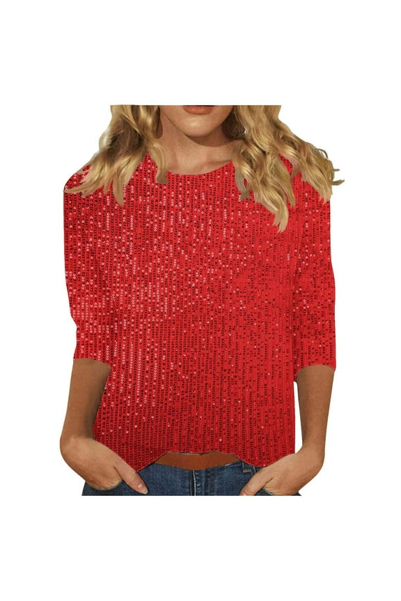 Sequin Tops for Women 3/4 Length Sleeve Tops Round Neck Dressy Casual Blouses Sparkly Glitter Party Top
