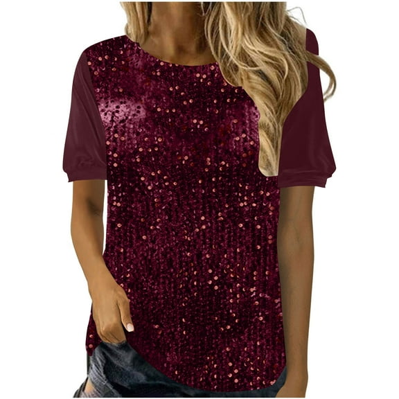 ZyeKqe Sequin Tops for Women Short Sleeve Velour Top Round Neck Dressy Casual Blouses Sparkly Glitter Party Top Loose Fitted