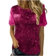 thumbnail image 1 of ZyeKqe Sequin Tops for Women Short Sleeve Velour Top Round Neck Dressy Casual Blouses Sparkly Glitter Party Top Loose Fitted, 1 of 6