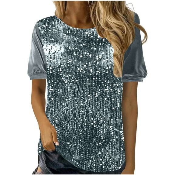 ZyeKqe Sequin Tops for Women Short Sleeve Velour Top Round Neck Dressy Casual Blouses Sparkly Glitter Party Top Loose Fitted