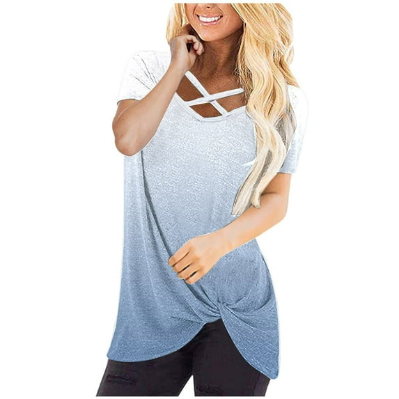 ZyeKqe Short Sleeve T Shirts for Women Criss Cross V-Neck Shirts Knot Front Tunic or Tops to Wear with Leggings