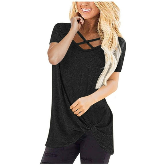 ZyeKqe Short Sleeve T Shirts for Women Criss Cross V-Neck Shirts Knot Front Tunic or Tops to Wear with Leggings