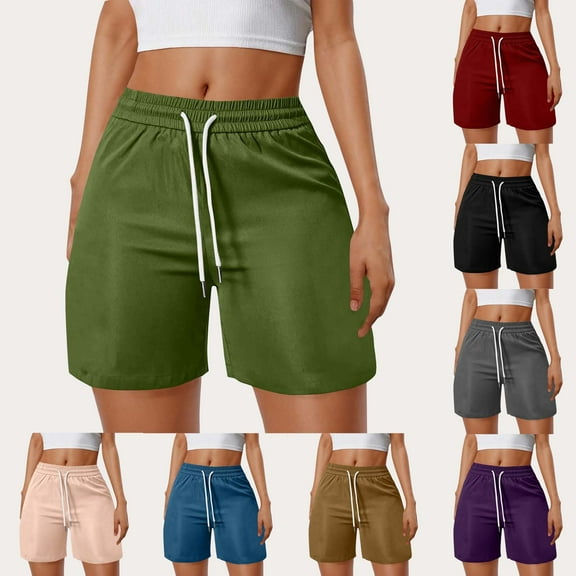ZyeKqe Shorts for Women Drawstring Elastic Waisted Cargo Shorts Wide Leg Pull on Running Shorts