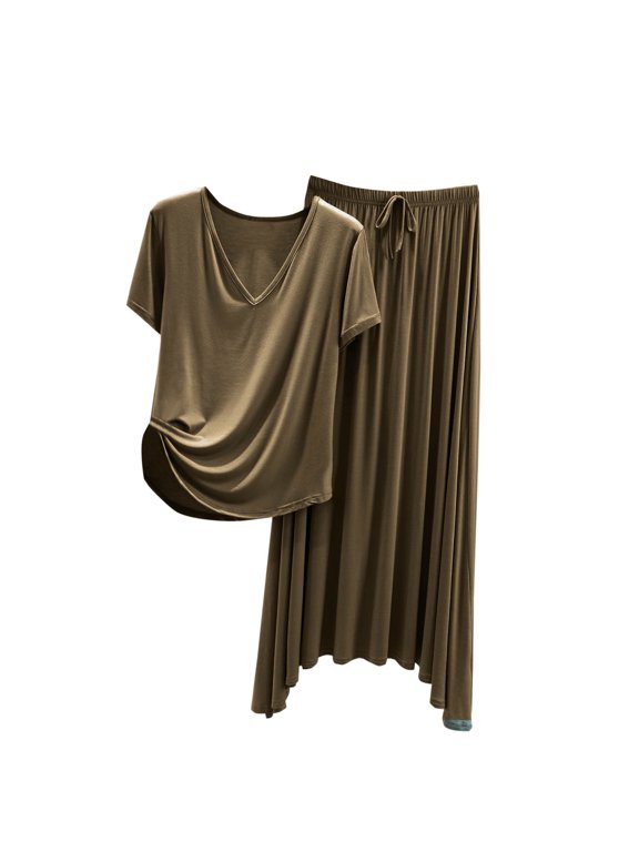 Skirt Sets for Women 2 Piece Crewneck Short Sleeve Top High Waisted Midi Skirts Soft Pjs Sets Loungewear Homewear