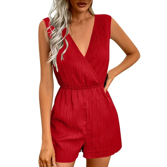 ZyeKqe Sleeveless Jumpsuits for Women Deep V Neck Rompers Elastic Waisted Shorts Overalls 1 Piece Summer Outfits