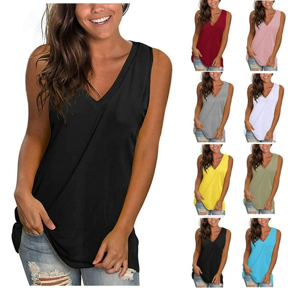 ZyeKqe Sleeveless Shirts for Women Casual V Neck T Shirts Solid Color Summer Tops Loose Fitted Tees