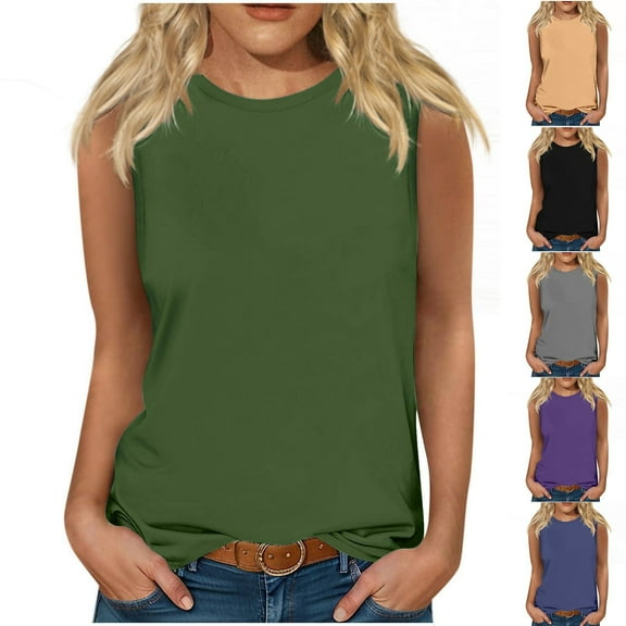 ZyeKqe Sleeveless Tops for Women Round Neck Tank Tops Solid Color Summer T Shirts Loose Basic Shirts