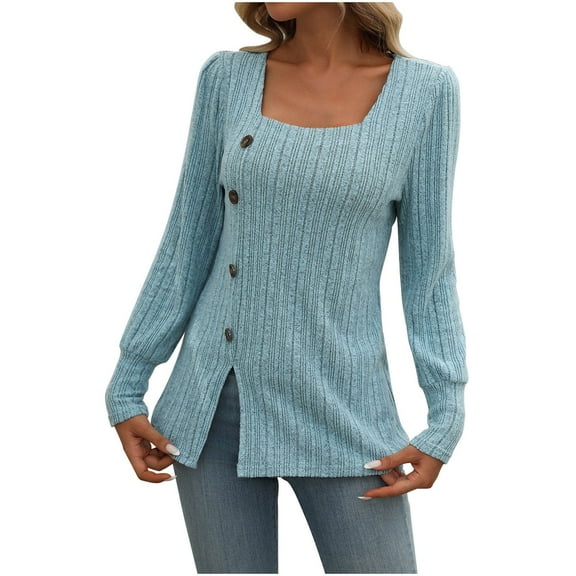 ZyeKqe Square Neck Sweaters for Women Puff Long Sleeve Knit Top Side Button Split Lightweight Pullovers