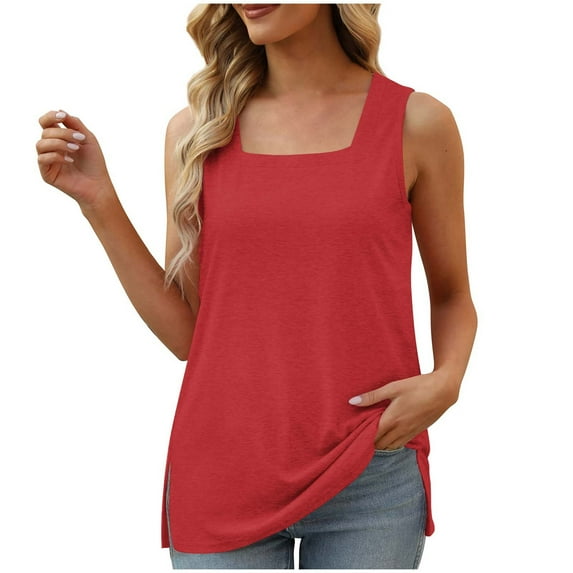 ZyeKqe Square Neck Tank Tops for Women Sleeveless V Neck Shirts Side Split Loose Fitting Tees Tunic Blouses