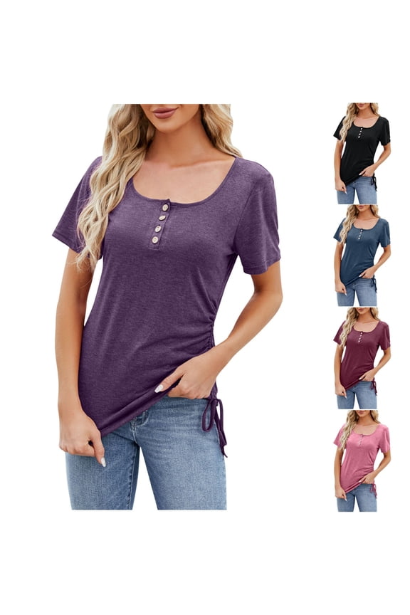Square Neck Tops for Women Basic Plain T Shirts Summer Short Sleeve Shirts Solid Color Loose Blouse