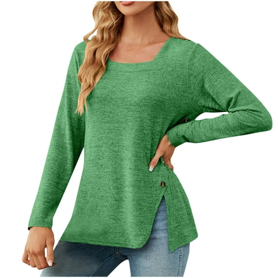 ZyeKqe Square Neck Tops for Women Long Sleeve Shirts Side Split Dressy Casual Blouses Loose Fitted Spring Top