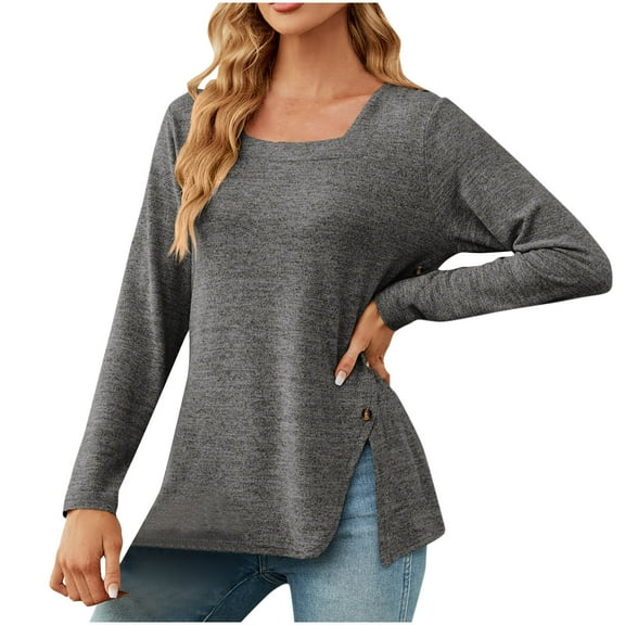 ZyeKqe Square Neck Tops for Women Long Sleeve Shirts Side Split Dressy Casual Blouses Loose Fitted Spring Top