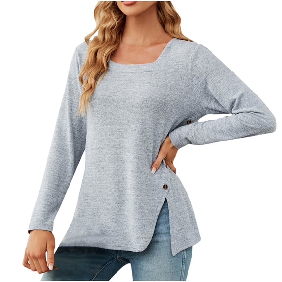 ZyeKqe Square Neck Tops for Women Long Sleeve Shirts Side Split Dressy Casual Blouses Loose Fitted Spring Top
