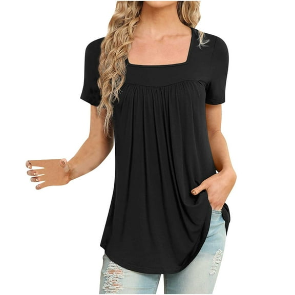 ZyeKqe Square Neck Tops for Women Short Sleeve Shirts Pleated Tunic or Top to Wear with Leggings