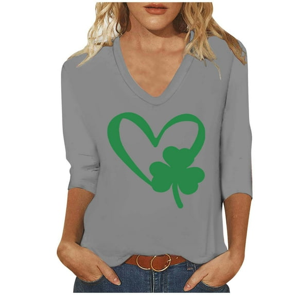 ZyeKqe St. Patrick's Day Shirt Women 3/4 Sleeves Blouses Cute Graphic Print Shirts Tees Crewneck Pullover Tops