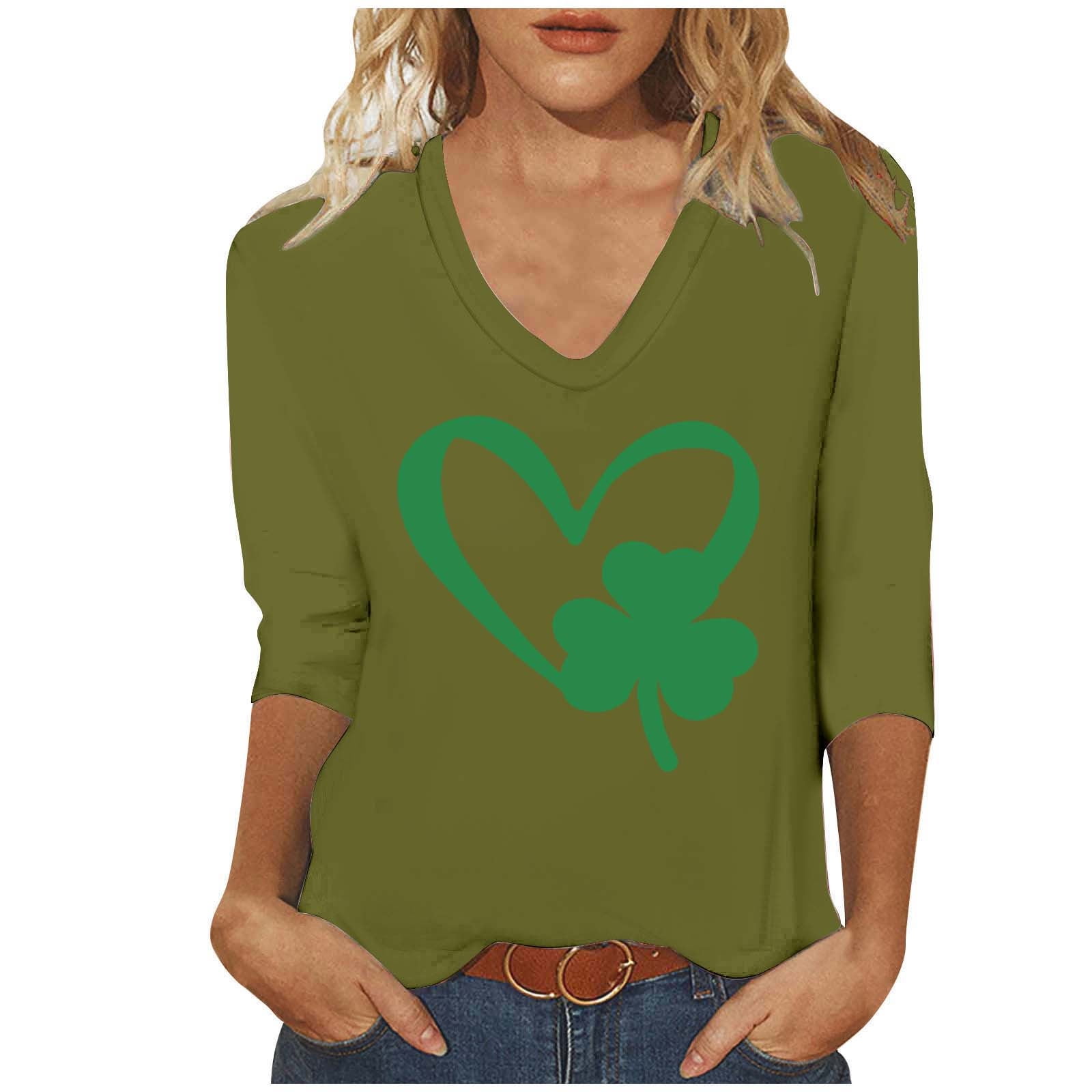St. Patrick's Day Shirt Women 3/4 Sleeves Blouses Cute Graphic Print Shirts Tees Crewneck Pullover Tops