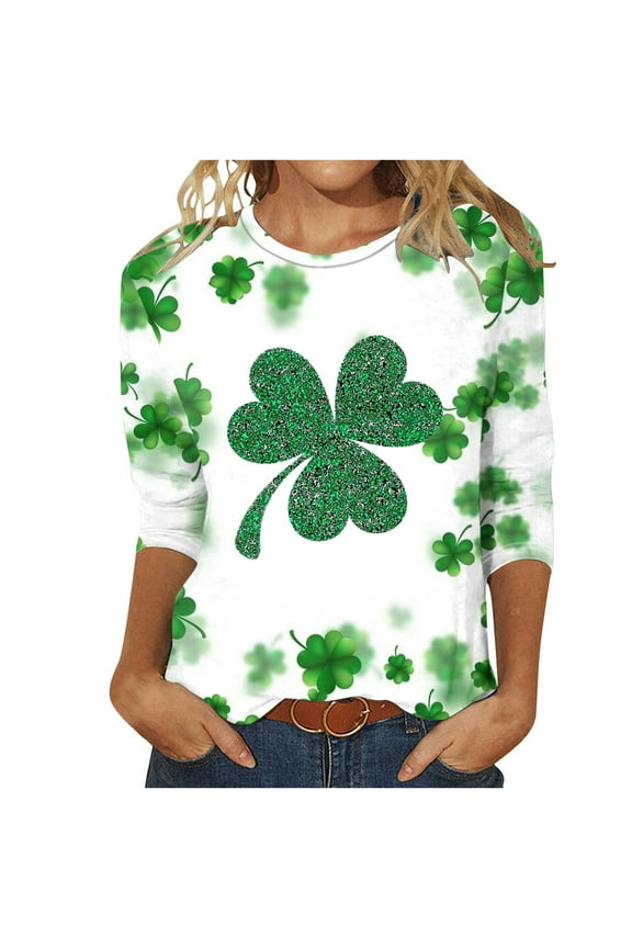 St. Patrick's Day Shirt Women 3/4 Sleeves Blouses Cute Graphic Print Shirts Tees Crewneck Pullover Tops