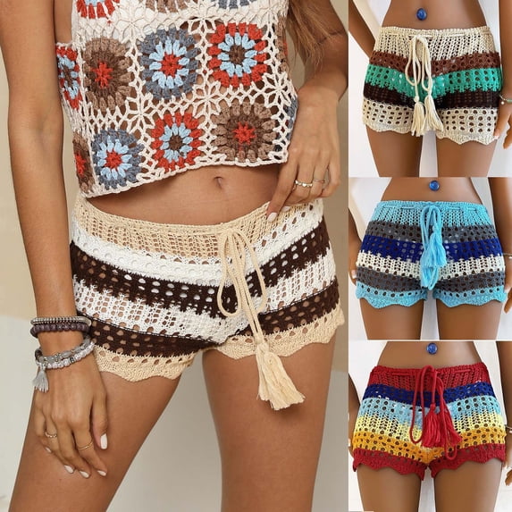 ZyeKqe Summer Beach Shorts for Women Low Waisted Hollow out Shorts Color Block Drawstring Crochet Cover up Shorts