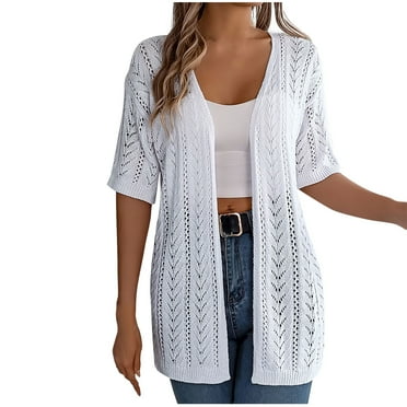 ZyeKqe Summer Cardigan for Women Crochet Short Sleeve Knit Tops Hollow out Open Front Lightweight Cover Ups