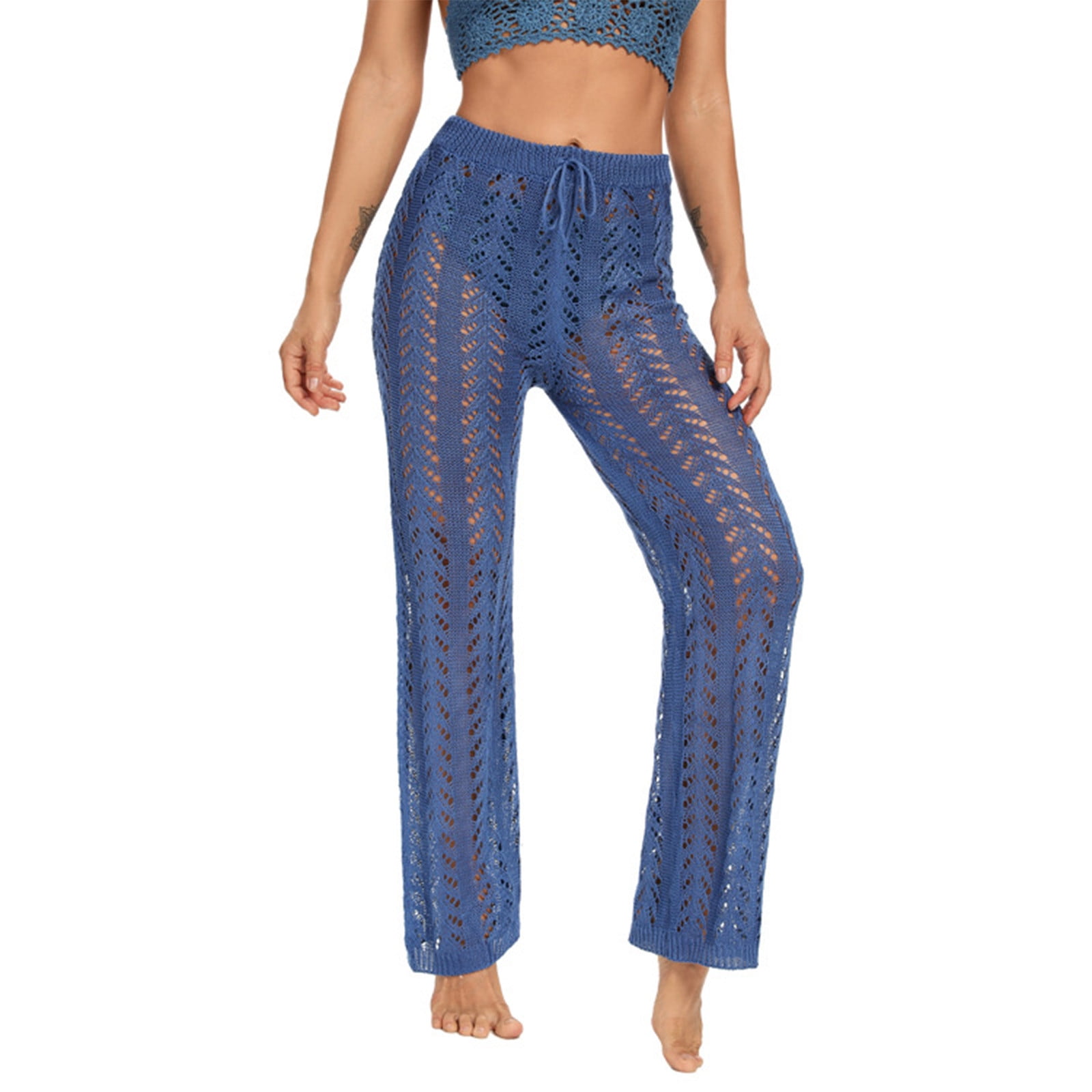 ZyeKqe Summer Hollow out Pants Crochet Beach Pants Drawstring High ...