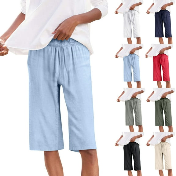 ZyeKqe Shorts for Women Knee Length Elastic Waist Shorts Casual Summer Lightweight Lounge Shorts