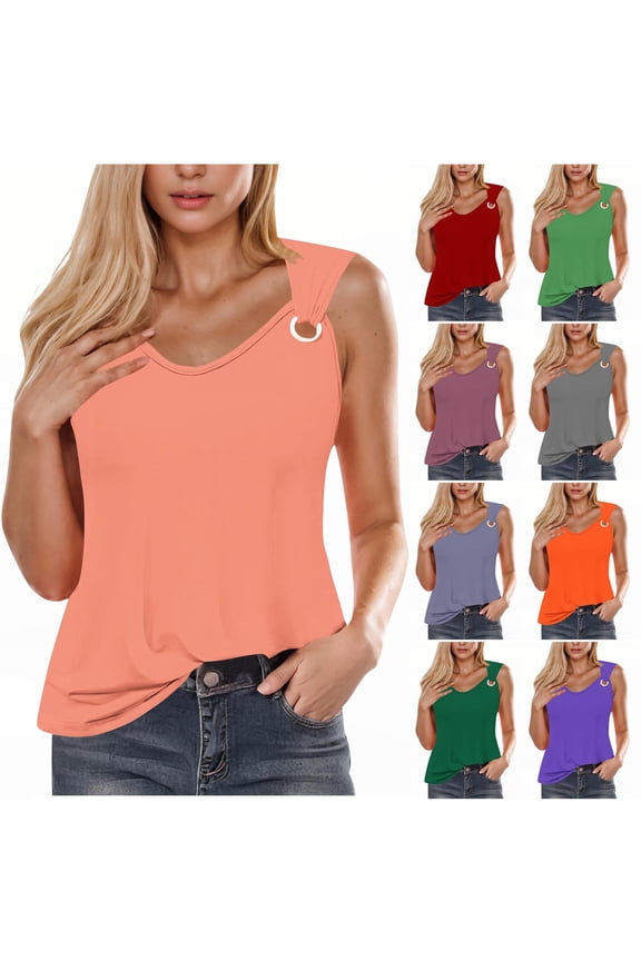 Summer Tops for Women Casual V Neck Sleeveless Shirts Chain Strap Tank Tops Solid Color Blouses