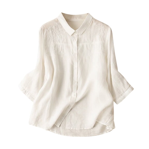 ZyeKqe Summer Tops for Women Dressy Casual Cotton Linen Shirts Embroidery Button down Blouse 3/4 Sleeve TopM-XXL