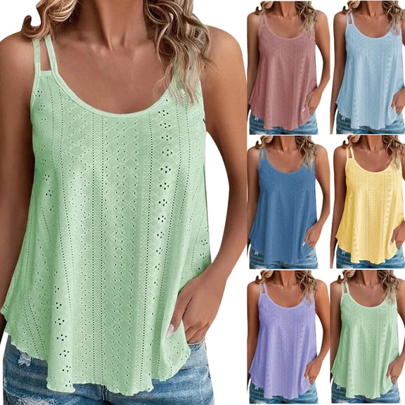ZyeKqe Summer Tops for Women Eyelet Sleeveless Scoop Neck Top Casual Spaghetti Strap Camisoles Boho Flowy Shirts