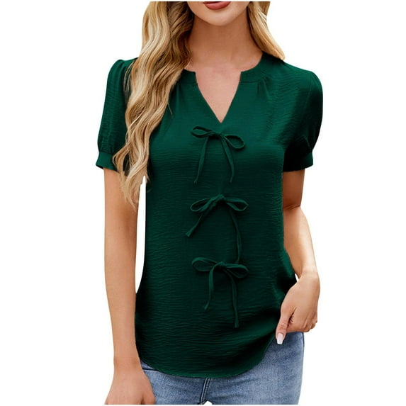 ZyeKqe Summer Tops for Women Puff Short Sleeve Shirts Casual V Neck T Shirts Loose Fitted Top