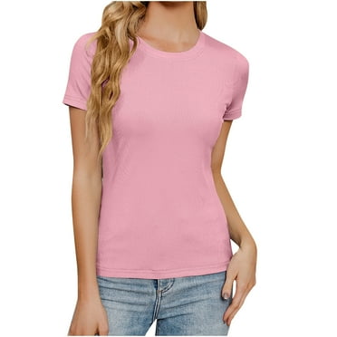 ZyeKqe Summer Tops for Women Short Sleeve Shirts Trendy Solid Color Crewneck Loose Tshirts