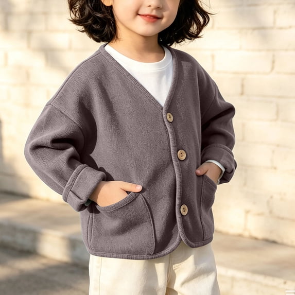ZyeKqe Sweater Jackets for Toddler Kids Button down V Neck Casual Soft Comfy Fall Winter Long Sleeve Outerwear with Pockets