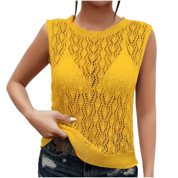 ZyeKqe Sweater Vest for Women Crochet Sleeveless Knit Top Hollow out Crewneck Pullover Top Loose Fitted
