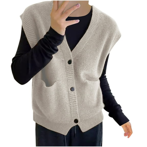 ZyeKqe Sweater Vest for Women Sleeveless Knit Top Button down V Neck Lightweight Coat Outwear with Pockets