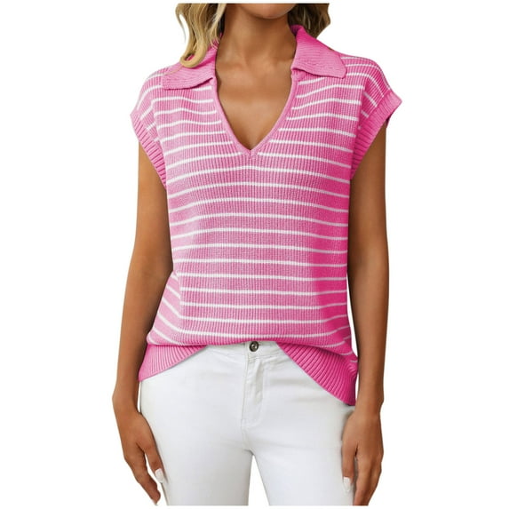 ZyeKqe Sweaters for Women Cap Sleeve Shirts Casual V Neck Knit Pullover Top Striped Loose Fitted Blouses Top Tees