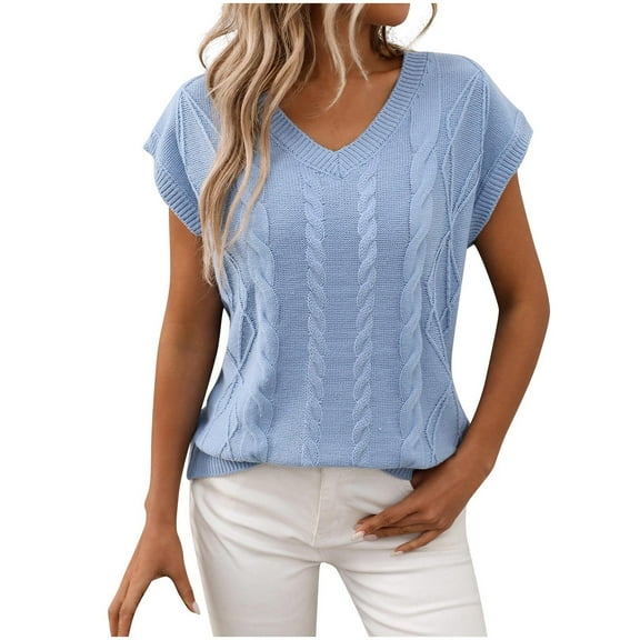 ZyeKqe Sweaters for Women Cap Sleeve Top Casual V Neck Tops Loose Fitted Knit Knit Blouses