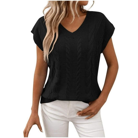 ZyeKqe Sweaters for Women Cap Sleeve Top Casual V Neck Tops Loose Fitted Knit Knit Blouses