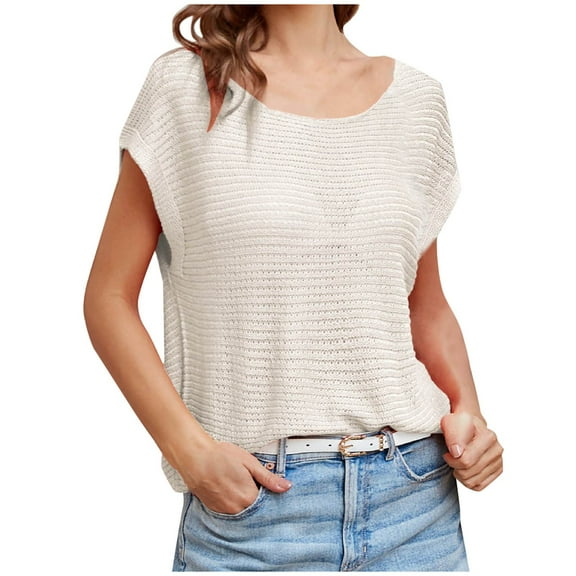 ZyeKqe Sweaters for Women Crochet Cap Sleeve Shirts Crewneck Pullover Knit Tops Loose Fitted Summer Top