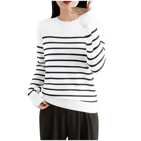 ZyeKqe Sweaters for Women Long Sleeve Shirts Crewneck Pullover Knit Top Striped Lightweight Fall Tops