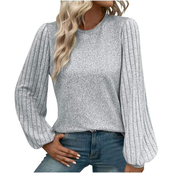 ZyeKqe Sweaters for Women Puff Long Sleeve Shirts Crewneck Pullover Top Solid Color Loose Fitted Tops