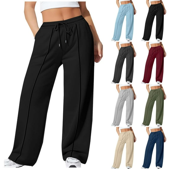 ZyeKqe Sweatpants for Women Fleece Lined Wide Leg Drawstring Plus Size Solid Color Sports Trousers with Pockets