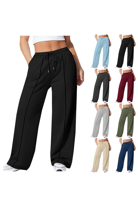 Sweatpants for Women Fleece Lined Wide Leg Drawstring Plus Size Solid Color Sports Trousers with Pockets