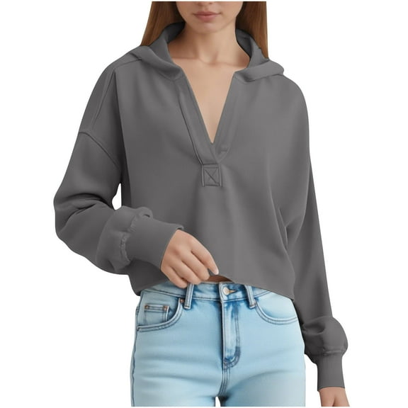 ZyeKqe Sweatshirts for Women Deep V Neck Crop Pullover Tops Fall Casual Solid Color Fashion Gall Clothes