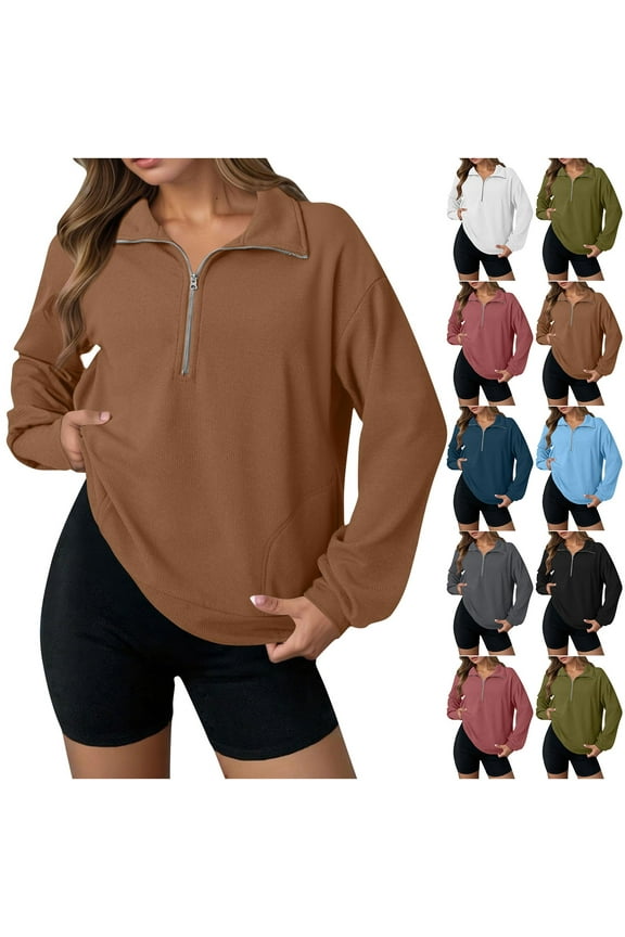 Sweatshirts for Women Half Zipper Long Sleeve Pullover Tops Lapel Textured Solid Color Shirts