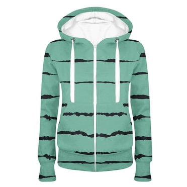 ZyeKqe Sweatshirts for Women Long Sleeve Hoodies Striped Prints Drawstring Zipper Jackets with Pockets