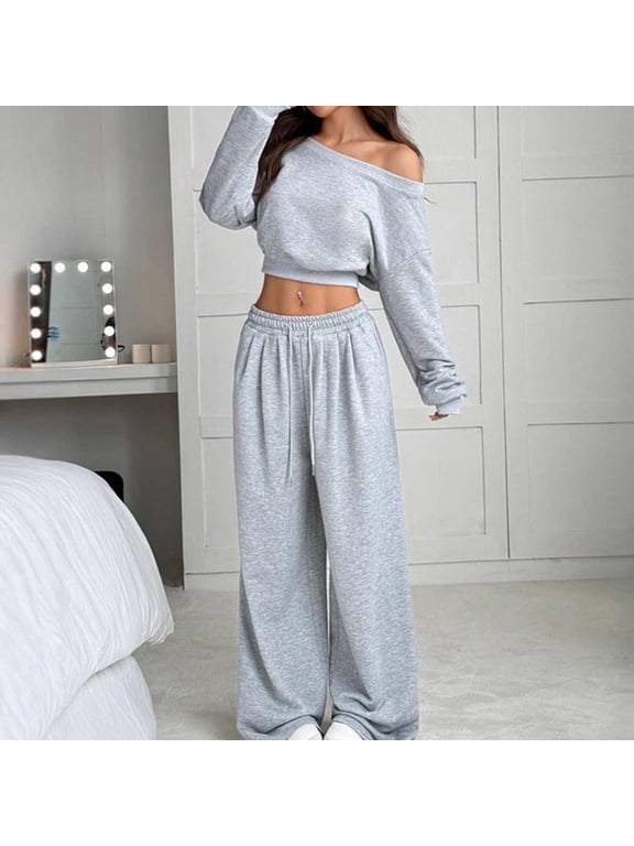 Sweatsuits for Women Long Sleeve Crewneck off Shoulder Cropped Sweatshirts Drawstring Pants 2 Piece Workout Sets