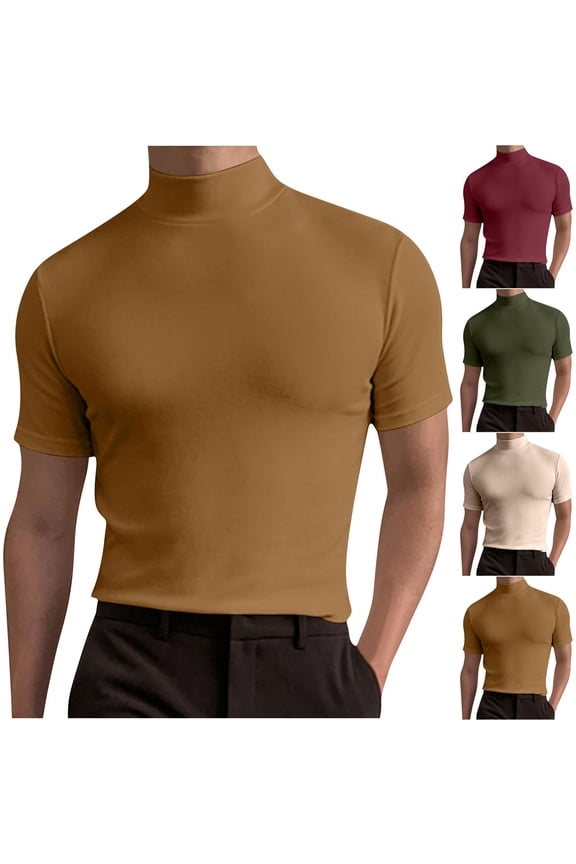 T-Shirts for Men Basic High Neck Short Sleeve Solid Color Undershirt Casual Slim Fitted Pullover Tops