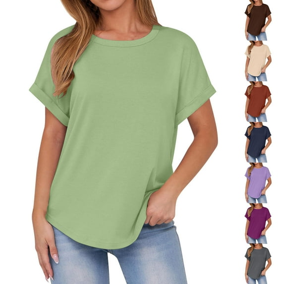 ZyeKqe T-Shirts for Women Short Sleeve Loose Fitted Casual Solid Color Basic Round Neck Tops