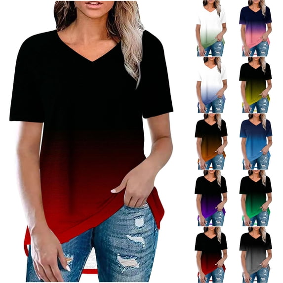 ZyeKqe T Shirts for Women Short Sleeve Shirts Casual V Neck Summer Tops Gradient Color Loose Fitted Tees