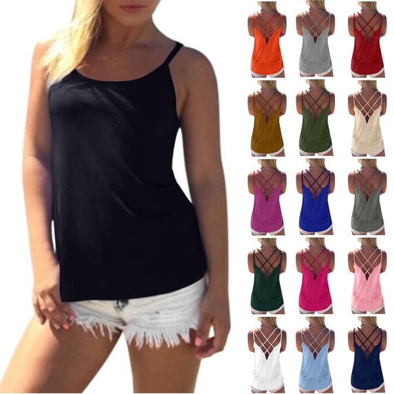 ZyeKqe Tank Top for Women Sleeveless Scoop Neck Camisole Spaghetti Strap Blouses Criss Cross Back Camis